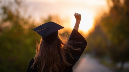 The young graduate celebrating achievement against a vibrant sunset backdrop.