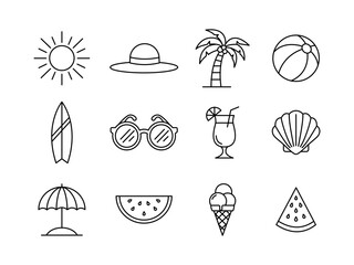 Outline Summer Beach Icon Set , Minimal Line Style Vector, Summer Vacation Icons Sun, Beach, and Fun Line Art Graphics