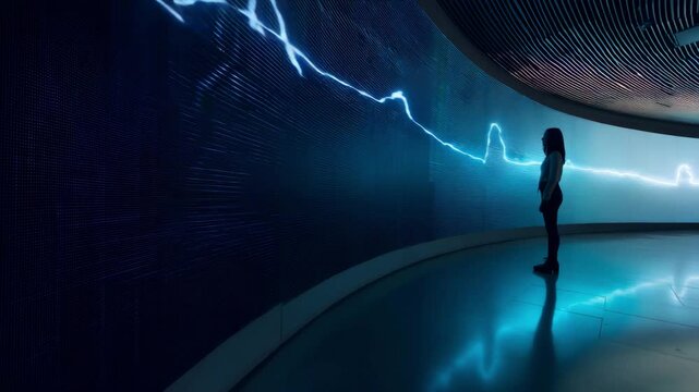 Woman Interacting with Immersive Financial Data Display in Futuristic Visualization Room