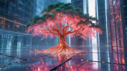 Shifting neon lighting illuminating central bioluminescent tree in futuristic atrium, glowing roots - Powered by Adobe