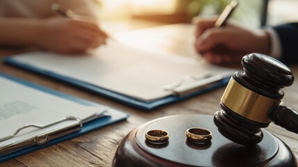 The gavel and wedding rings symbolizing divorce proceedings and legal dissolution.