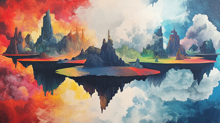 Fantastical Floating Islands: A surreal landscape showcases a series of floating islands, each bathed in a unique spectrum of color, where vibrant hues blend with atmospheric clouds. 