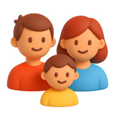 3D icon of a smiling family: mother, father, and child. Ideal for parenting, family services, community, or social apps