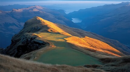 Sunlit Golden Mountain Layered Grass Landscape, Tourism Promotion and Education Courseware Material, Light Shadow Contrast Depth Rendering
