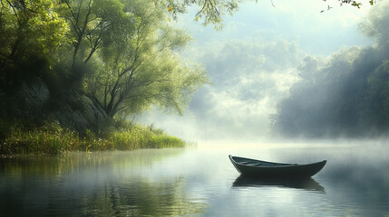 Serene Lake Scene with Boat: An atmospheric shot of a tranquil lake, with a lone boat floating peacefully on the water amidst the misty fog, creating a sense of calmness and escape.
