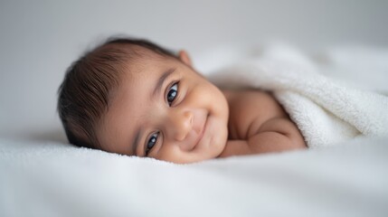The adorable baby smiling gently while nestled in a soft blanket.