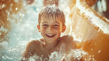 Obraz premium Cheerful boy laughing while sliding down a water slide on a summer day