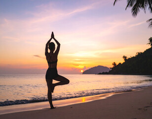 a woman doing yoga with a beach background and soft light