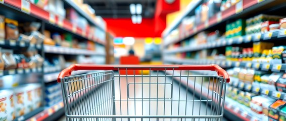 shopping cart handle with yellow grip red accents,Shopping cart in supermarket.Part of shopping trolley in supermarket aisle.Blurred shelves in grocery store and trolley.Copy space for text or design