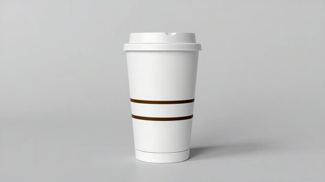 A blank disposable coffee cup with a lid is centered on a plain, light background.