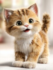 A happy and joyful facial expression, smiling with slightly open mouth, big round greenish-yellow eyes sparkling