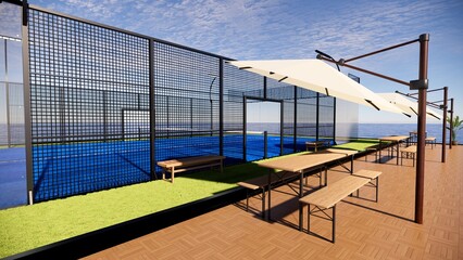 Floating Tennis Court Structure on Ocean in Tropical Setting