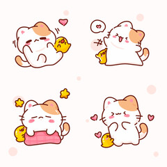 Cute Cat and Chick Cartoon in Relaxed and Playful Poses vector illustration