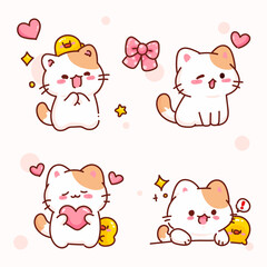 Cute Cat and Chick Cartoon with Hearts and Expressions  vector illustration