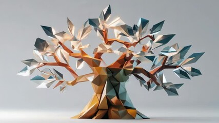 Rotation starting metallic low-poly tree rotating on studio table, showing angular trunk and leaves - Powered by Adobe