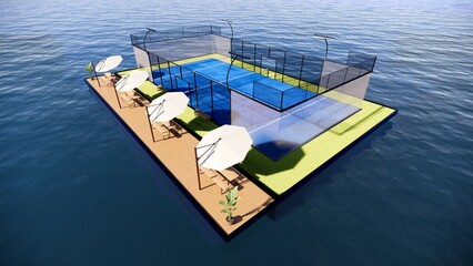 Floating Padel Court on ocean 3d rendering 
