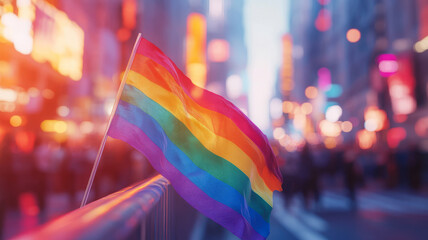 Rainbow flag in vibrant city street, symbolizing diversity and pride.