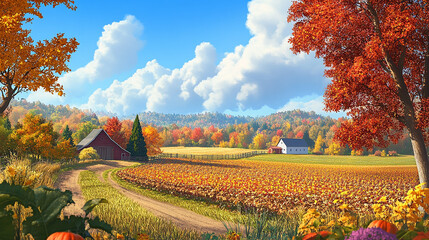 Autumn Farm Landscape: Capturing the breathtaking beauty of autumn on a picturesque farm, with vibrant hues of orange, red, and yellow painting the rolling hills under a cerulean sky.