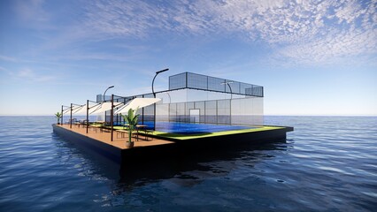 Outdoor Padel Court on Water Surface  Concept Design Render 3d