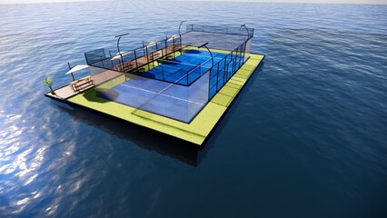 3D Illustration of Floating Padel tennis Court on Sea 