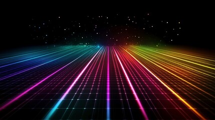 Virtual network with colorful light beams image render 3d. Data transfer routes. Internet technology development background realistic graphic. Conceptual idea, visual storytelling