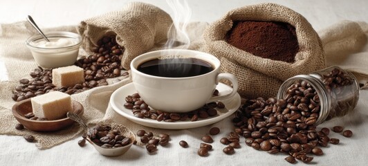 The steaming cup of coffee surrounded by beans and rustic elements