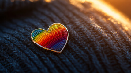 Rainbow heart pin on knitted fabric symbolizing love and diversity.