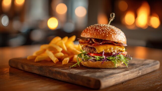 Delicious gourmet burger and crispy fries cozy restaurant food photography warm ambiance close-up culinary delight - Powered by Adobe