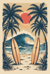 Vintage Surfing Illustration with Surfboards, Palm Trees, and Ocean Waves at Sunset on a Tropical Beach
