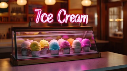 Assortment of Flavored Ice Cream Scoops in a Display Case with Neon Sign