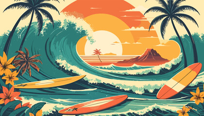 Vibrant Retro Surfing Illustration with Tropical Sunset, Palm Trees, and Ocean Waves in Vintage Style