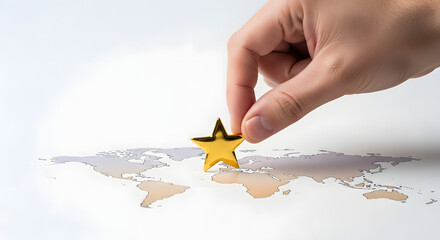 Global Goal Setting: A human hand carefully places a gleaming gold star upon a world map, a visual metaphor for reaching for global goals, ambitions, and international objectives.