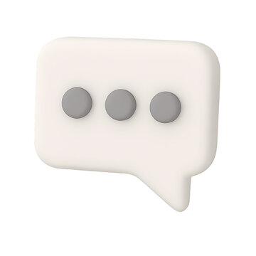 3D white chat bubble icon with three gray dots, isolated, designed for messaging, text communication, and chat applications