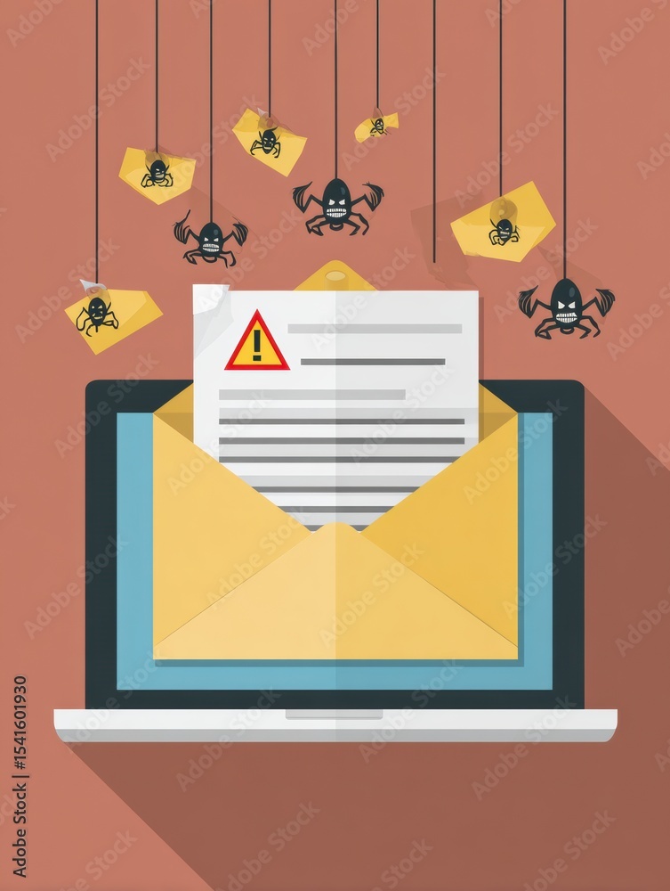 Aufkleber flat icon-style phishing email with warning signs displayed on a laptop, emphasizing online security