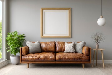 Brown leather couch sits beneath a framed white canvas against a gray wall with plants a small table and a hanging light visible