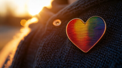 Rainbow heart badge on knit sweater in warm sunlight.