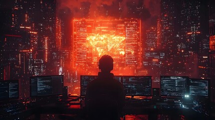 Hacker coordinating a cyberattack on global networks