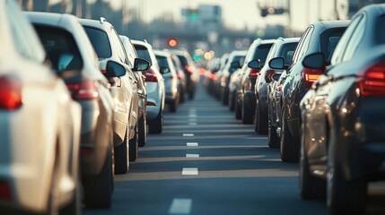 Endless row of cars stuck in highway gridlock creates a traffic jam
