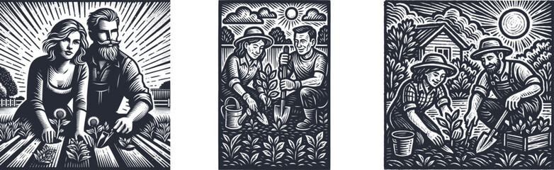 Vintage engraving style illustration of a couple gardening together in their backyard on a sunny day, brush textured woodcut art in postal stamp frame design