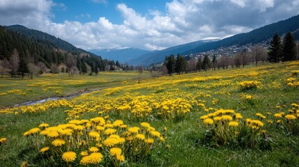 Golden Dandelion Field with Distant Mountains and Mist Panorama, Nature Landscape Poster and Tourism Promotion Material, Wide Angle Depth and Color Saturation Rendering
