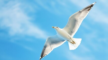 Obraz premium Seagull Soaring with Wings Fully Extended against a Blue Sky with Soft Clouds