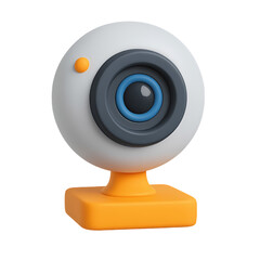 Minimal 3D webcam icon in white and orange. Modern tech element for online meetings, streaming, digital communication, and video conferencing interfaces