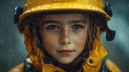 Fearless young firefighter braving the rain on a mission