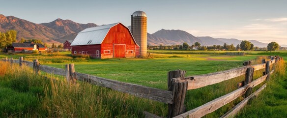 The tranquil red barn surrounded by scenic mountains and lush green fields.