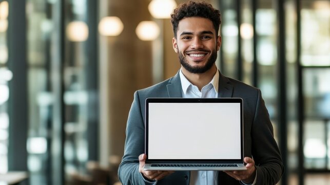 Smiling Arab Businessman Holding Up a Laptop with Blank Screen Display Indoors