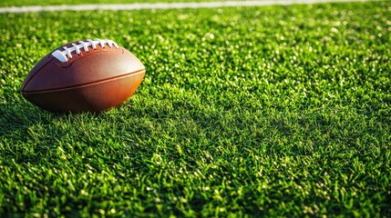 Obraz premium American football on a green sports field under sunlight with copy space