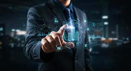 Cybersecurity concept. Businessman touching glowing padlock hologram for data protection and network security on a digital interface.