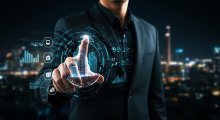 Businessman interacting with holographic UI. Digital transformation concept with data analytics, biometrics, and HR icons on a night city background.