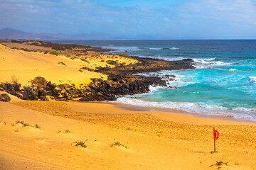 Tranquil beach scene with a vibrant turquoise ocean. Coastal landscape featuring a golden sand beach and dark volcanic rock of Canary Islands. Ocean waves crash against the shore