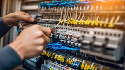 The technician working diligently on a complex electrical panel with tools.